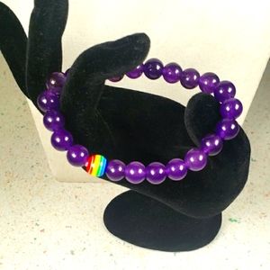 Amethyst Crystal Gemstone Round Beads Stretch Bracelet with One Rainbow Bead